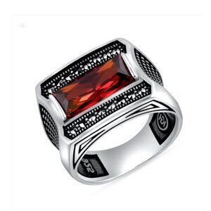 Sterling Silver 925 Red CZ Oxidized Men's Ring